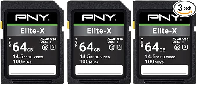 PNY 64GB Elite-X Class 10 U3 V30 SDXC Flash Memory Card - 100MB/s, Class 10, U3, V30, 4K UHD, Full HD, UHS-I, Full Size (Pack of 3)