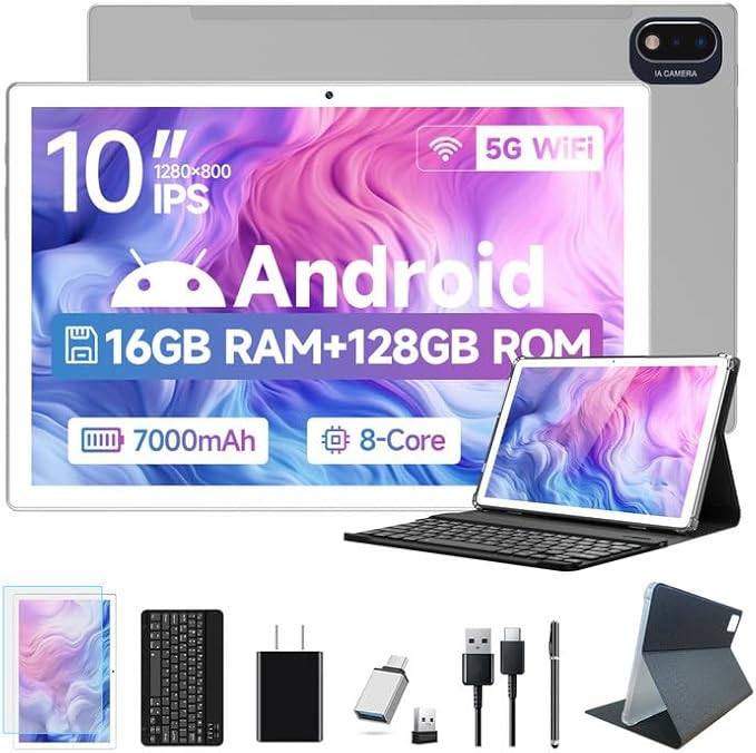 ANTEMPER Latest Android Tablet 10.1 Inch, 5G WiFi Tablets Mit 16GB RAM+128GB ROM(1TB TF),2 in 1 Tablet with Keyboard Mouse Pen-Octa-Core2.0Ghz | 7000mAh | 1080FHD | 13MP Camera | WLAN GPS -Silvery
