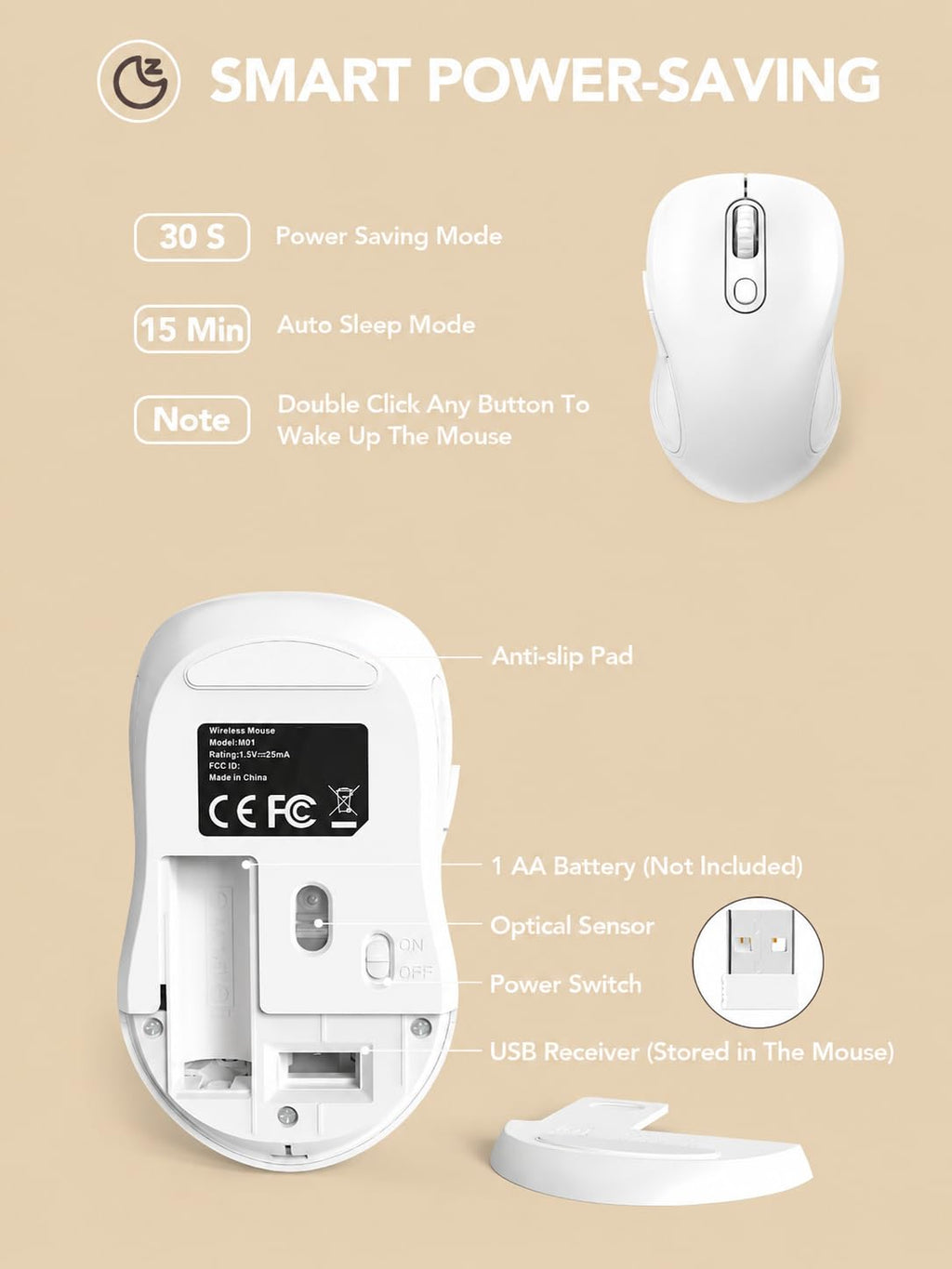 Trueque Wireless Mouse for Laptop, Ergonomic 6-Button Mouse, Pure White
