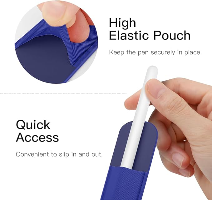 MoKo Pencil Holder Sticker Fit Apple Pencil Pro, Apple Pencil (USB-C), Apple Pencil 1st/2nd Generation, Elastic Pencil Pocket Pouch Adhesive Sleeve Attached to iPad Case for Stylus Pens, Navy Blue