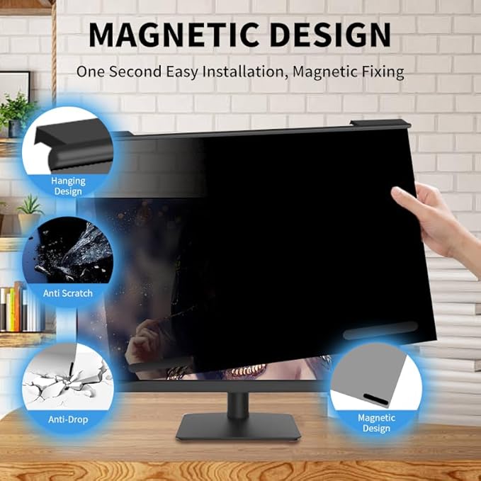 Magnetic Hanging Computer Privacy Screen Filter for 27 Inch, Removable Aluminum Alloy Privacy Shield for 16:9 Widescreen Monitor, Eye Protection Blue Light Filter