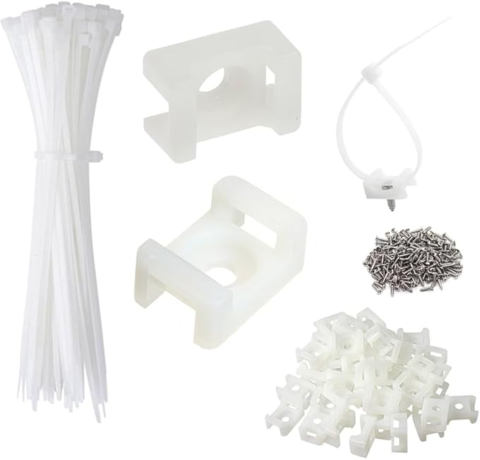 Cable Zip Tie Mounts Kit - 60 Set Wire Cable Clips Organizer Holders with 8" Cable Ties, Saddle Type Mounts Base and Tapping Screw