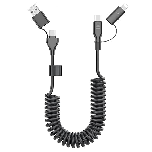 Coiled USB-C and Lightning Cable 2-in-1, 3FT iPhone 17 16 Car Charger Cord, 60W Fast Charging Cable for iPhone 15, Samsung Galaxy Supports Apple CarPlay & Android Auto (Black)