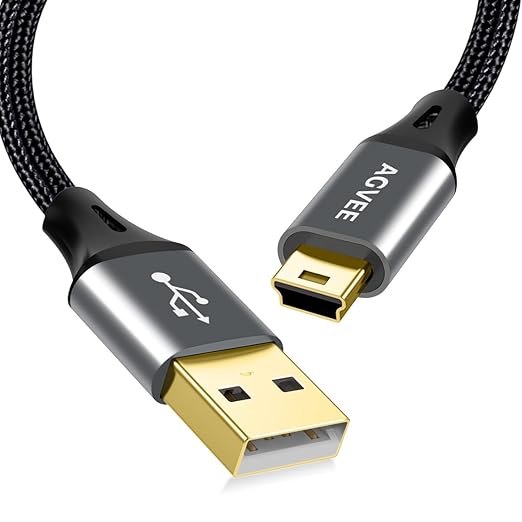AGVEE 6.6ft Mini USB Cable, Braided Durable USB-A to Mini-B Charger Charging Cord for TI-84, Garmin GPS, Go-Pro Hero 4 3 2 HD, PS3 Controller, Canon Camera, Blue Yeti Microphone, Dark Gray