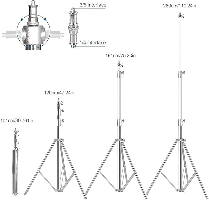Stainless Steel Light Stand Photography, Spring Cushioned Heavy Duty Tripod Stand, 9.5ft/2.8m, 2 Packs Professional Photography Studio Stands