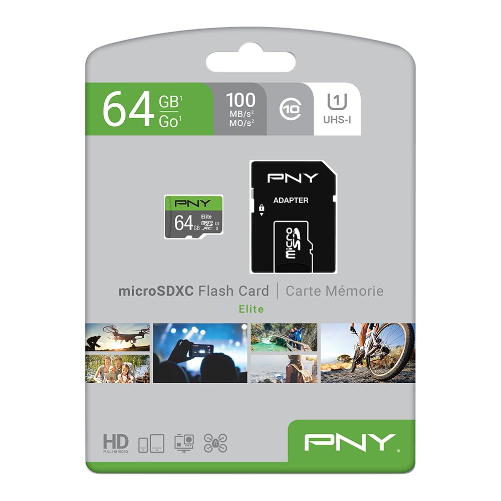 PNY 64GB Elite Class 10 U1 microSDXC Flash Memory Card - 100MB/s, Class 10, U1, Full HD, UHS-I, Micro SD (Pack of 1)