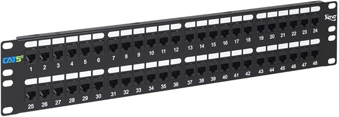 ICC CAT5e Feed-Through Patch Panel, 48 Port, 2U Rackmount, RJ45 Ethernet Patch Panel, No Punch Down, PoE++ and TAA Compliant, Black