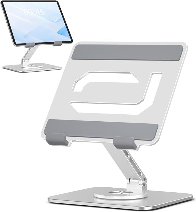 Tablet Stand Holder with 360°Rotating Base - Adjustable Aluminum Desktop Stand for iPad Holder for Desk Compatible with 4-13" Tablets, Silver