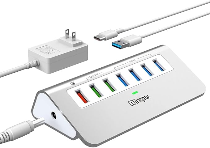 Powered USB Hub 10Gbps, Aluminum 7 Port USB 3.2 Data Hub with 4 USB 3.2 Gen 2 Ports, 3 Fast Charging Ports, 30W Power Adapter, Type A & C Cable for Mac, PC, Laptop