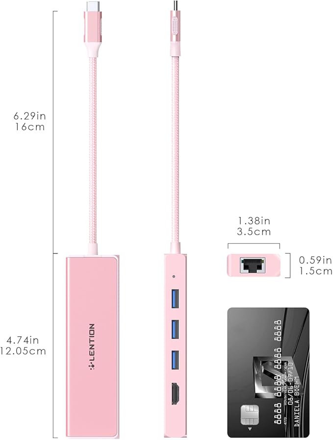 LENTION USB C Hub with 1000Mbps Ethernet Adapter, 4K HDMI, 3 USB 3.0 Port for 2024-2016 MacBook Pro 13/14/15/16, New Mac Air & Surface, Chromebook, More, Stable Driver Certified (CB-C25, Rose Gold)