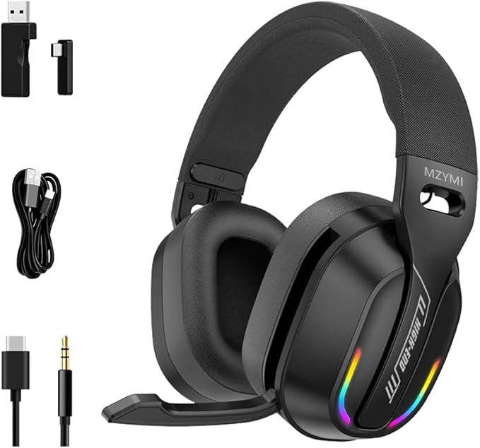 MZYMI 2.4GHz Wireless Gaming Headset for PC, PS5, PS4, Switch - Bluetooth 5.4, 20H Battery, with ENC Noise Canceling Microphone, Cool Lighting, 40mm Drivers,for Wired Mode Xbox Series -Black