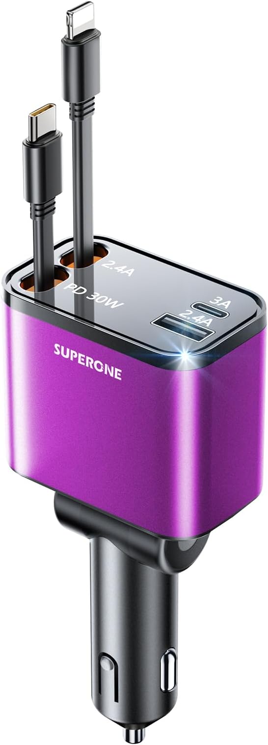 [2024 Upgraded] 4 in 1 Retractable Car Charger, SUPERONE Smaller Fast Car Phone Charger 69W with Cord, USB C and iPhone Car Charger Adapter, Compatible iPhone 15/15 Pro Max/14/13/12/11, Sumsung