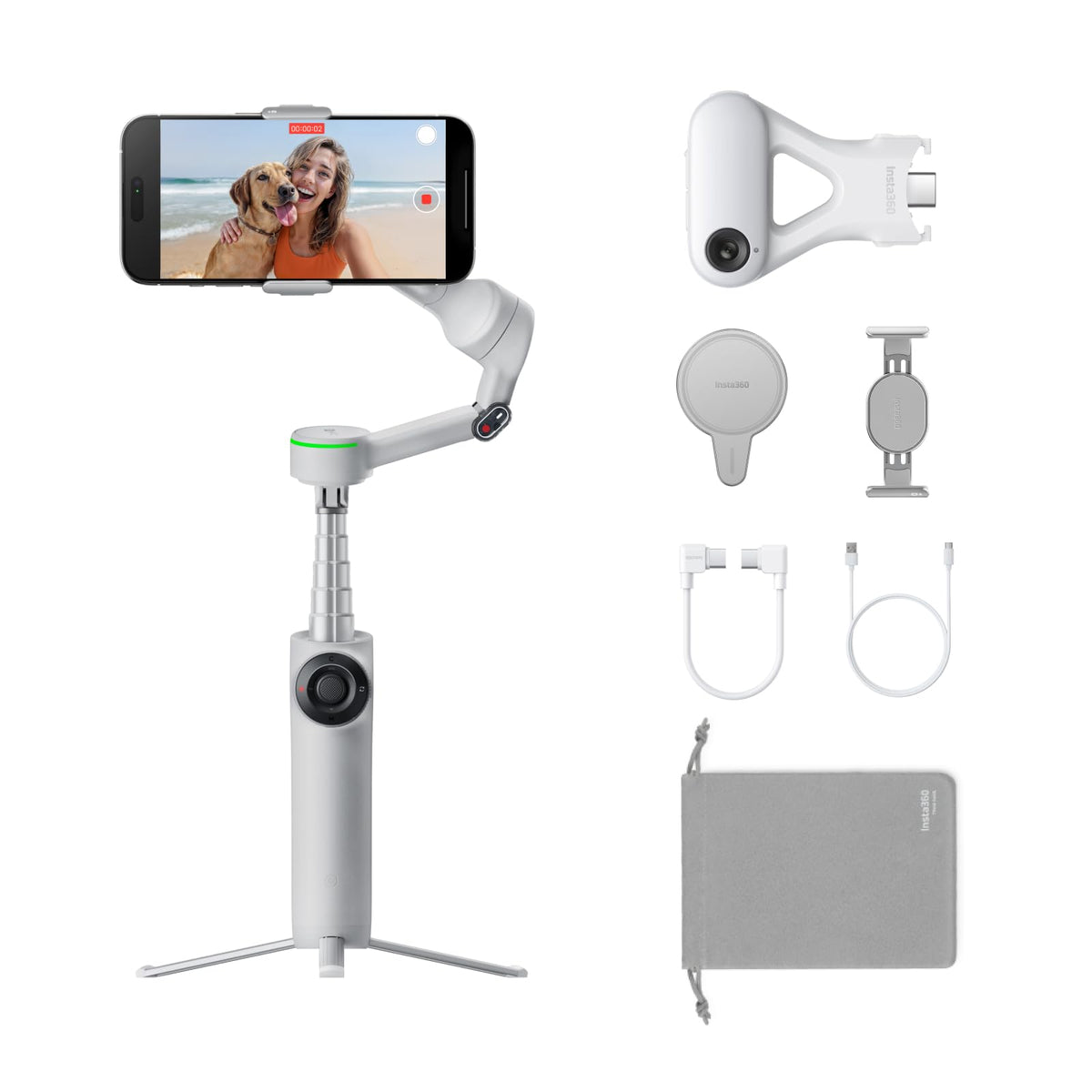 Insta360 Flow 2 Pro Creator Bundle White - Foldable AI Phone Gimbal, Apple DockKit, 360º Pan Tracking, Free Tilt Mode, Built-In Tripod/Selfie Stick, Portable Vlog/Travel Stabilizer, Spotlight, MagSafe