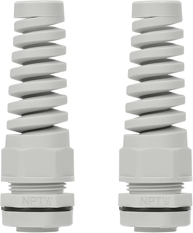 LeMotech 2Pcs NPT 1/2" IP68 Waterproof Cable Gland Flex Spiral Strain Relief Grey Nylon Joint with Gaskets for 6-12mm Wire Thread