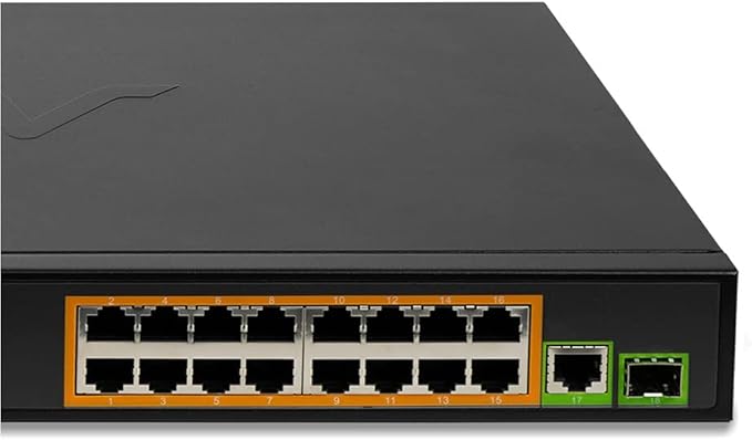 BV-Tech 16 Ports PoE+ Switch (16 Gigabit Ethernet Ports | 1 Ethernet +1 SFP Uplink) -230W - Fanless Desktop Design, Sturdy Metal Housing - 802.3af/at