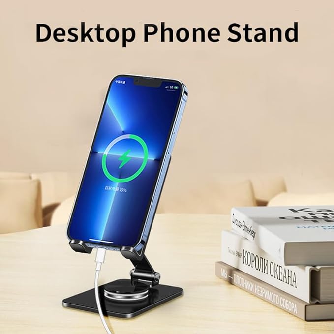 Adjustable Phone Stand with 360 Rotating Base Portable Foldable Carbon Steel Material Desktop Cellphone Stand Fits All Smart Phones-Black