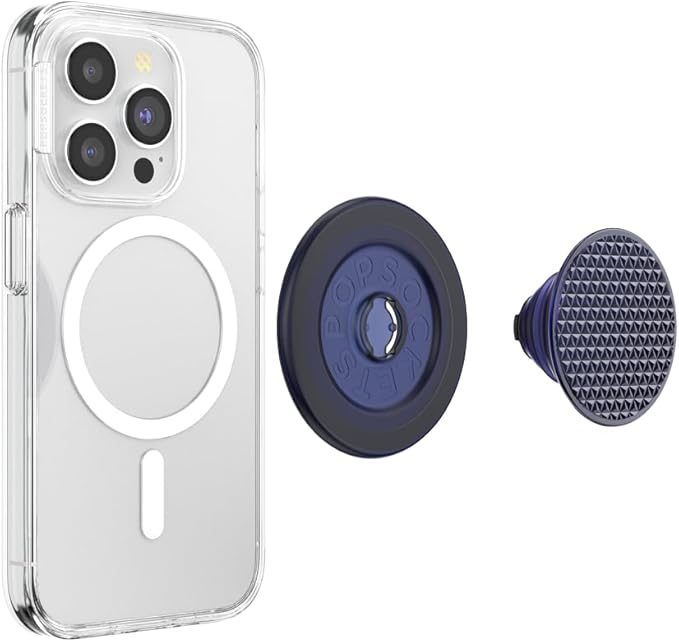 PopSockets Phone Grip for MagSafe with Kickstand, Magnetic Stand, Swappable Top, Secure Hold for iPhone MagSafe Cases, Phone & Tablet Grip - Alum Triangle Knurled French Navy