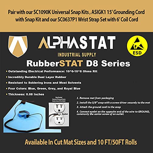 RubberStat Dual Layer ESD Compliant Workstation Rubber Table Mat Kit, Soldering, Cell Phone Repair, with Wrist Strap Set and Ground Cord - 36"x72" Royal Blue