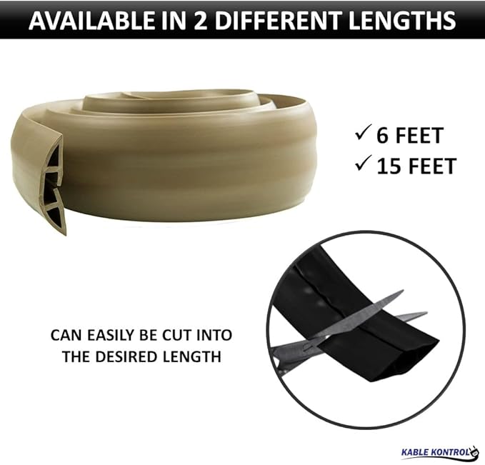 Kable Kontrol Floor Cord Cover kit - 6 Feet Long Black Plastic Cable Protector, Hides Cords and Conceals Wires, for Extension Cord Cable Management, Channel Size 0.75” W x 0.43” H