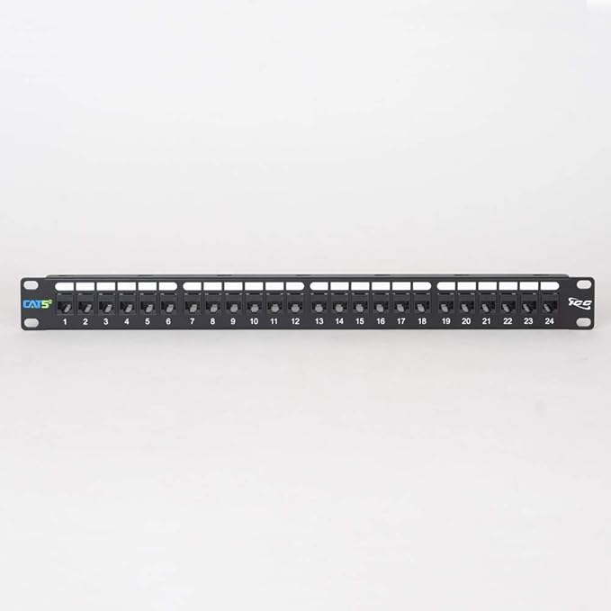 ICC CAT5e Feed-Through Patch Panel, 24 Port, 1U Rackmount, RJ45 Ethernet Patch Panel, No Punch Down, PoE++ and TAA Compliant, Black