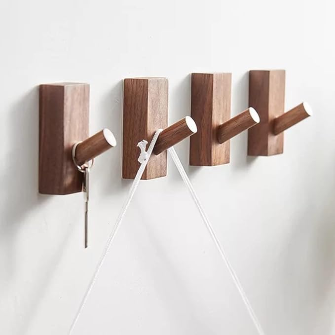HomeDo 4Pack Adhesive Wall Hooks Hat Rack, Wooden Coat Hooks Wall Mounted, Decorative Hooks Single Organizer Hat Hanger Towel Rack, Heavy Duty Hooks (Rectangle-Walunt,4Pack)