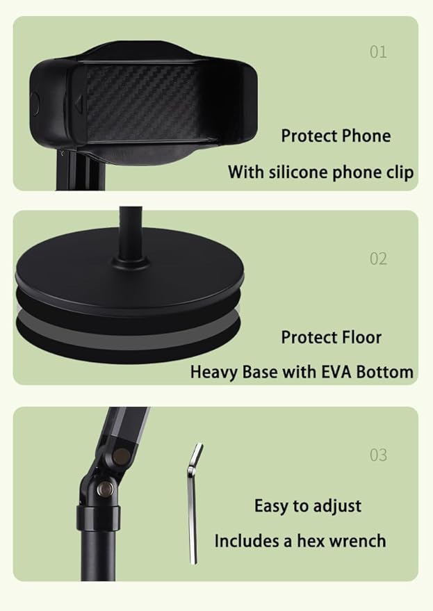 Phone Floor Stand for Recording Cell Phone Holder for Bed, Adjustable Tall Stand with Ultra-Long Extension Arm, 360° Swivel, Compatible with iPhone Samsung and More