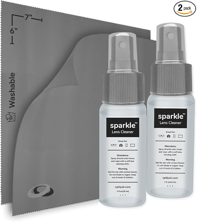Sparkle Anti-Reflective Lens Cleaner Spray kit | (2) 1oz Glasses Cleaner Spray + (2) Microfiber Cloth for Eyeglasses, Sunglasses, Lenses, Screens and Camera Cleaning Kit (4 Piece Set)