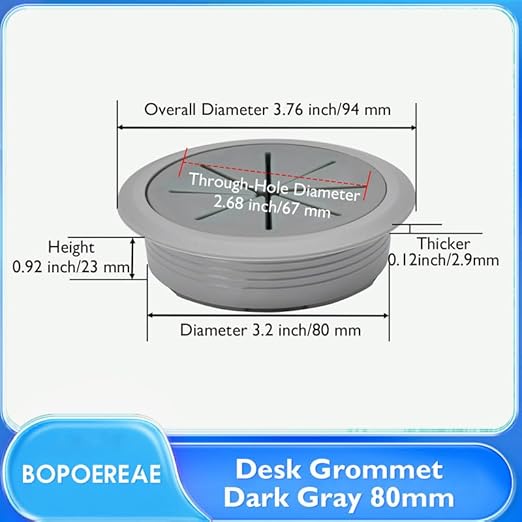 Desk Grommet 3-1/8" (80 mm), Desk Hole Cover for Cables Dark Grey, Cable Grommet ABS Plastic, Desk Hole Grommet for Office and Home Table Cable, Detachable & Flexible Cable Cord Organizer-2 Pcs