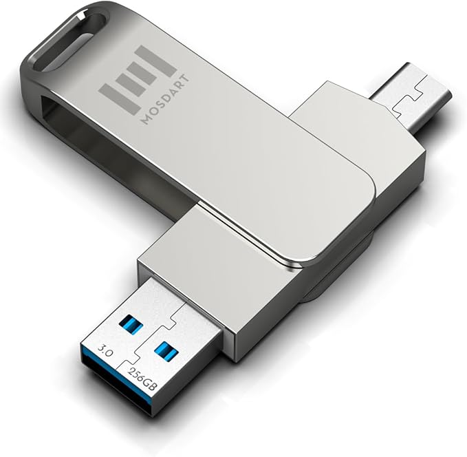 MOSDART 256GB USB3.1 Fast Speed C and A Dual Flash Drive, exFAT Memory Stick with Keychain Loop, for iPhone 15 and 16, Android Phone, iPad, MacBook, Silver