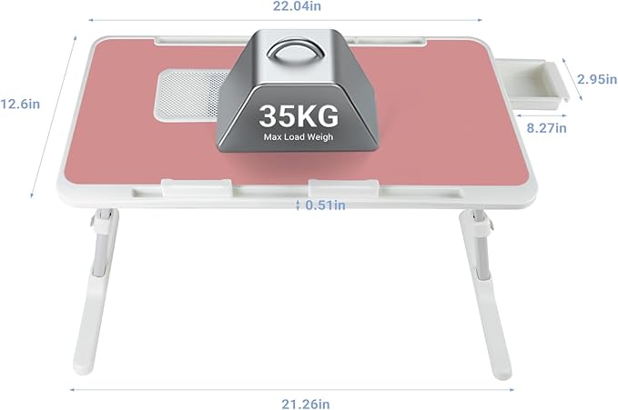 Laptop Lap Desk Include Cooling Fan,Adjustable Lap Desk with Light Fan,Folding Laptop Desk for Bed with USB,Bed Desk with Storage Drawer 56x32cm,Pink