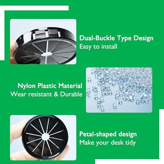 60PCS Cable Grommets, 1/2"(13mm) Desk Hole Cover Petal Shaped Buckle Type Nylon Snap Bushing Grommet, Wire Hole Cover Insert for Cables and Cords Management and Protection of Cabinet, Black