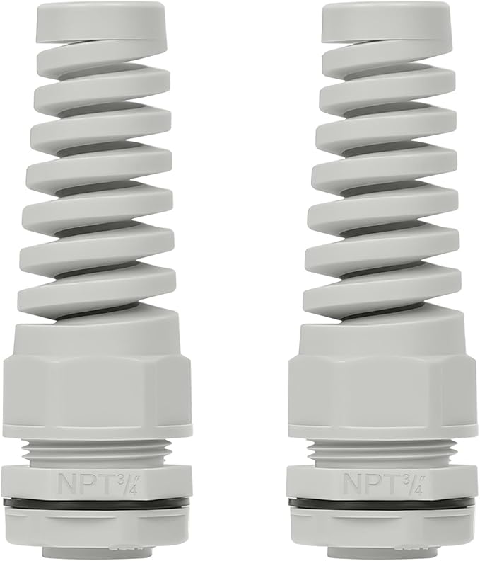 LeMotech 2Pcs NPT 3/4" IP68 Waterproof Cable Gland Flex Spiral Strain Relief Grey Nylon Joint with Gaskets for 13-18mm Wire Thread