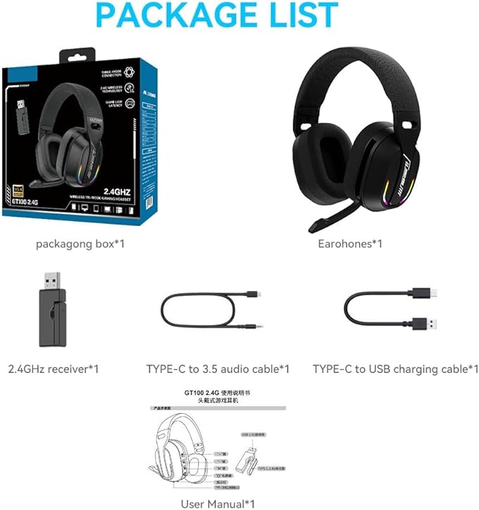 MZYMI 2.4GHz Wireless Gaming Headset for PC, PS5, PS4, Switch - Bluetooth 5.4, 20H Battery, with ENC Noise Canceling Microphone, Cool Lighting, 40mm Drivers,for Wired Mode Xbox Series -Black