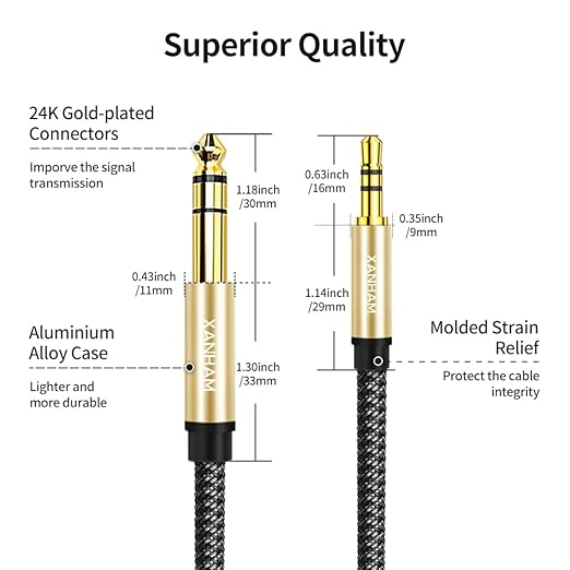 3.5mm to 1/4 Stereo Audio Cable 10 Feet /3M, 1/8" to 6.35mm 1/4" TRS Male Aux Cord Double Shielded with Braiding for Guitar, Amplifiers, PC, Home Theater, Speaker, etc.