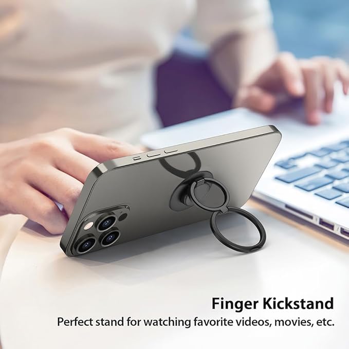 Phone Grip, Phone Ring Holder Finger Kickstand, Foldable & Adjustable Metal Cell Phone Rings Gripper Stand Work with Magnetic Car Mount for iPhone Samsung &Other Phones - Black
