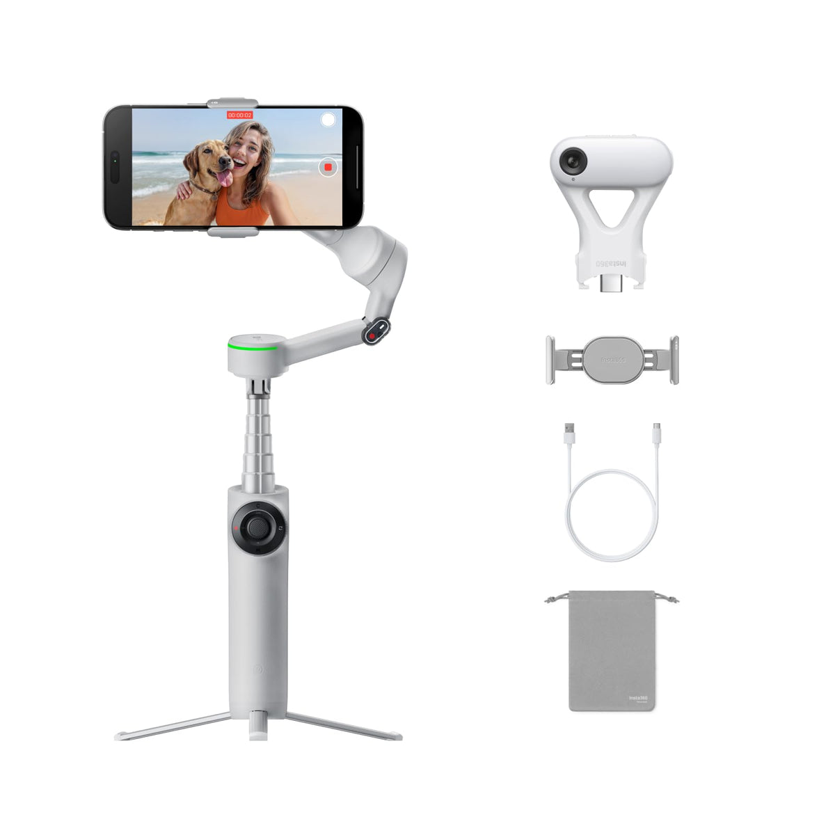 Insta360 Flow 2 Pro Creator Bundle White - Foldable AI Phone Gimbal, Apple DockKit, 360º Pan Tracking, Free Tilt Mode, Built-In Tripod/Selfie Stick, Portable Vlog/Travel Stabilizer, Spotlight, MagSafe