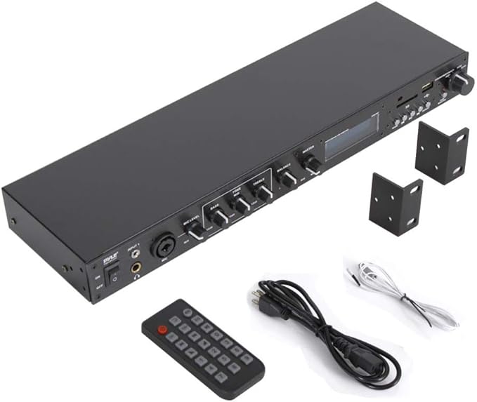 Pyle Rack Mount Studio Pre-Amplifier - Audio Receiver System w/ Digital LCD Display Bluetooth FM Radio Recording Mode Remote Control USB Flash or SD Card Reader Input and Output Jack - PPRE70BT