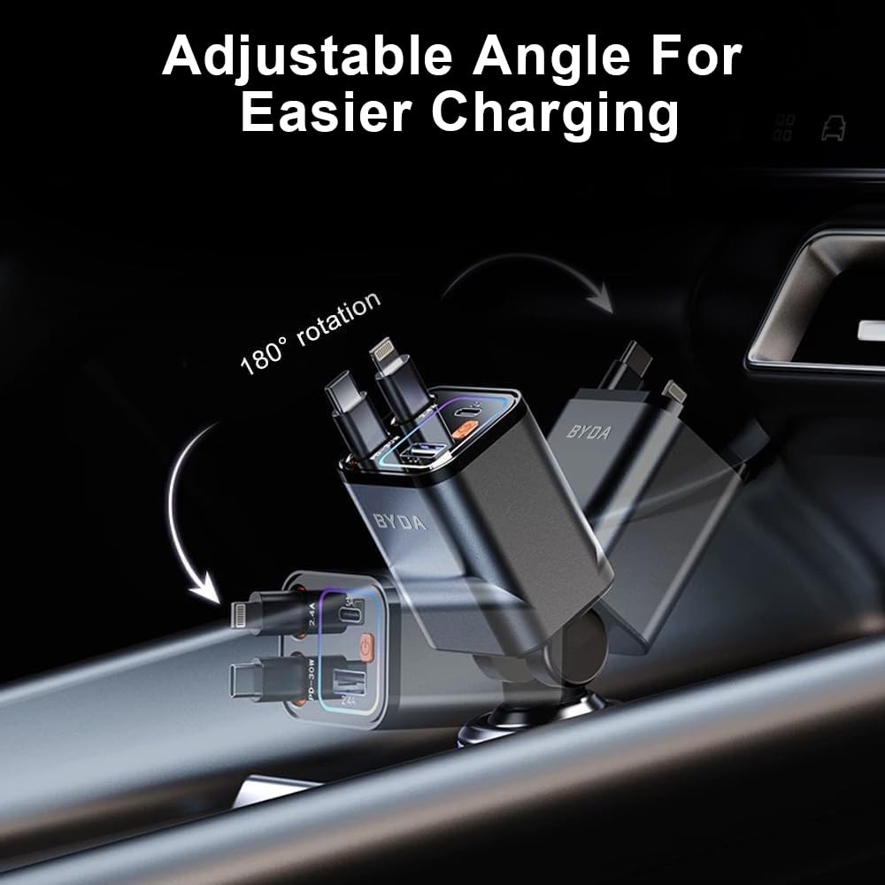 4 in 1 Retractable Car Charger,69W USB-C Fast Car Charger, for iPhone 17/16/15/14/13/12/11, Android,Pixel,Cigarette Lighter Charger (for Type C+Lightn-ing)