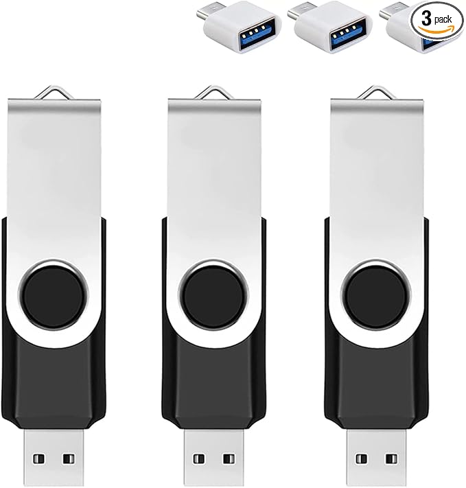 3 Pack 32GB USB Flash Drive with Type C Adapter and Storage Box USB 2.0 High Speed Metal Pen Drive 360° Rotatable Storage Memory Stick for Phone/Pad/PC/Laptop/Android - Black(3-Pack 32GB)