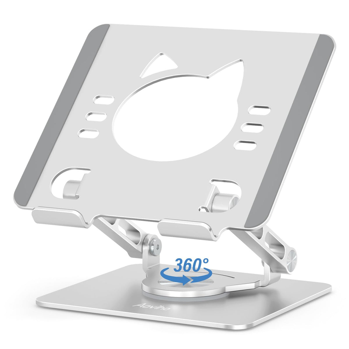 Aoviho Tablet Stand 360° Rotating Aluminum Holder, Adjustable, Portable and Foldable Monitors Stand for iPads, Compatible with 4-12.9" Tablets, Silver
