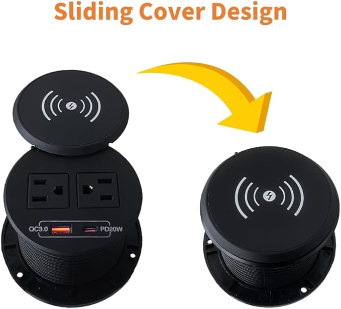 ZESHAN Desk Power Grommet Desktop Power Outlet Sofa Table Outlet with Wireless Charger, USB A, USB C Fast Charging Ports and 2 US Plugs 1.8M Power Cord for Conference Table Desk Furniture, Black
