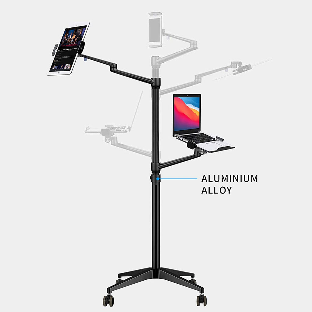 MagicHold Triple arm Height Adjustable Stand Mount with Rolling Wheel for Laptop(11-17 inch) and Compatible with ipad iPad pro 12.9 inch/Tablet/Ereader (Black)