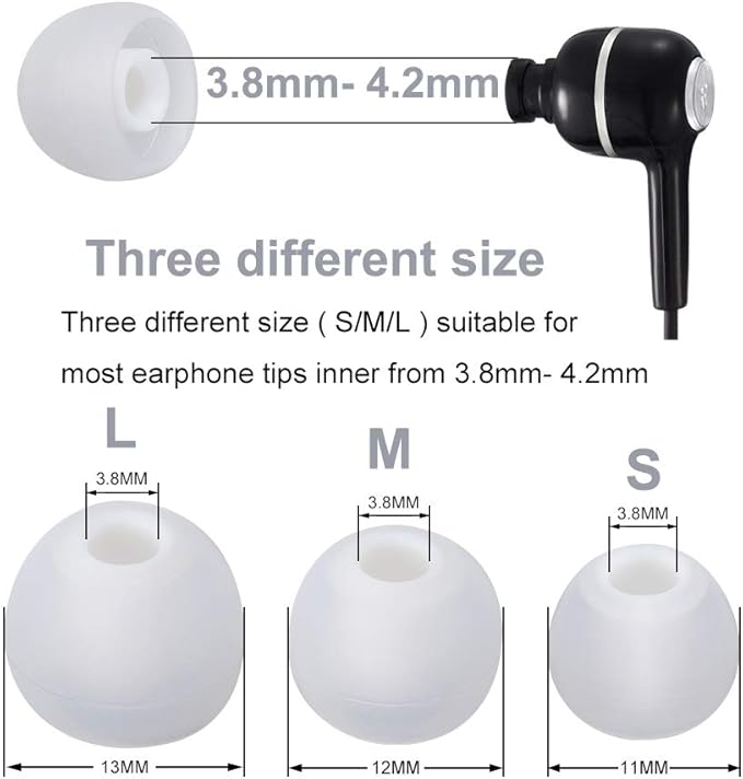 Earbud Tips Soft Silicone Earbuds Replacement Tips Fit for in-Ear Headphones(Inner Hole from 3.8mm - 4.0mm Earphones) 9 Pairs S/M/L,White