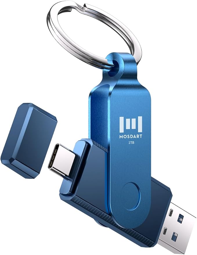 MOSDART 1TB Dual USB C Flash Drive, Speed Up to 150MB/S Type C 3.1 Thumb Drive with Keychain, for iPhone 15 and 16, Android Phone, iPad, MacBook, and Laptops, Navy Blue