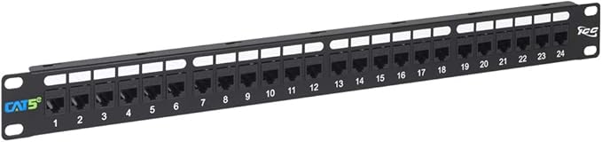 ICC CAT5e Feed-Through Patch Panel, 24 Port, 1U Rackmount, RJ45 Ethernet Patch Panel, No Punch Down, PoE++ and TAA Compliant, Black