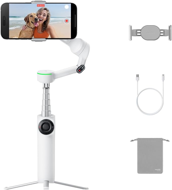 Insta360 Flow 2 Pro White - Foldable AI Phone Gimbal, Track in 200+ Apps with Apple DockKit, Multi-Person Tracking, 360º Pan Tracking, Built-in Tripod/Selfie Stick, iPhone/Android Portable Stabilizer