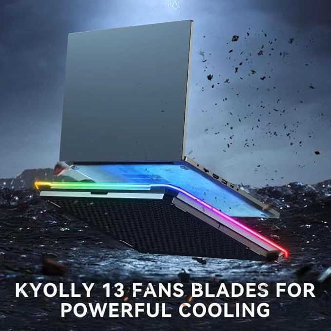 Gaming Laptop Cooler with 13 Ultra Quiet Fans, LCD Screen and Multi Color RGB - 10 Lighting Modes, 9 Adjustable Heights, Dual USB Ports, Built in Phone Holder for 15 to 21 Inch Laptops on Desk or Lap