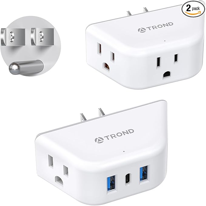 TROND Multi Plug Outlet Extender with USB - 2 Pack Wall Splitter, 3 Way Angled Outlet Adapter, Cruise Essentials, Small Multiple Expander for Cruise Ship Travel Home Office Dorm Room
