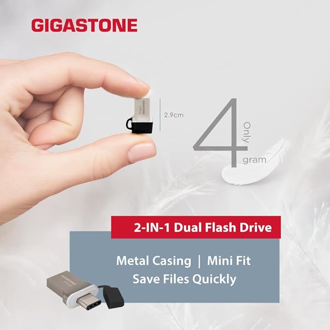 GIGASTONE 32GB Nano Luxus Dual Drive, Z50 USB 3.2 Gen 1, 2-in-1 USB-A & Type-C, 100MB/s Ultra Fast, Cap Design, Metal, Plug & Play for Smartphone/PC/Mac/TV/Car, 2.0/3.0/3.1 Compatible