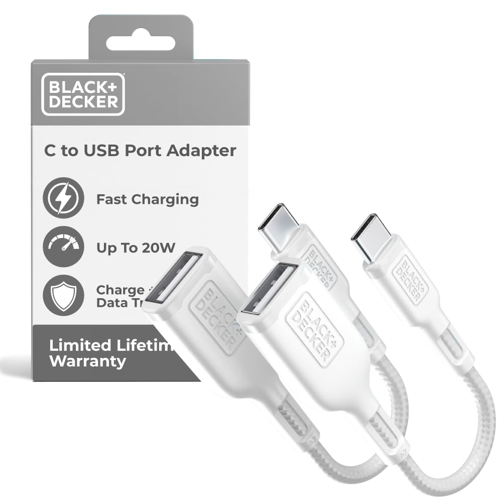 BLACK+DECKER USB C to USB A Adapter, USB C Male to USB Female Adapter Nylon Braid Type C OTG Cable Compatible w/iPhone 17 16 15 Pro MacBook Pro 2022/Air/Mini iPad, 2Pack, 3" (White)